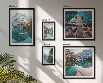 Gallery wall mountain lakes and wooden boats theme