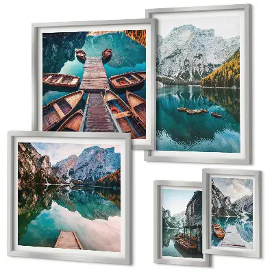 Gallery wall mountain lakes and wooden boats theme