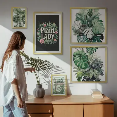 Gallery wall with green boho plant accents
