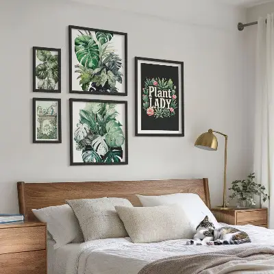 Gallery wall with green boho plant accents