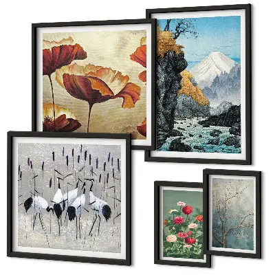 Set of 5 wall art pieces Landscapes with flowers and mountains