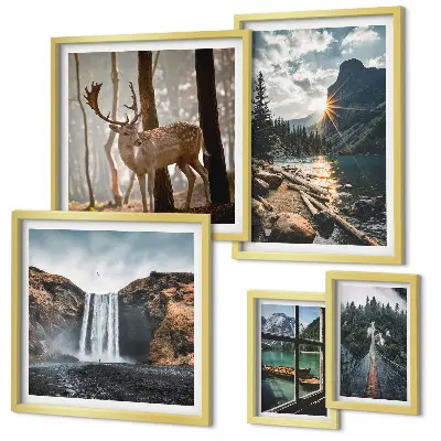 Set of 5 wall art pieces Landscapes nature waterfalls fauna