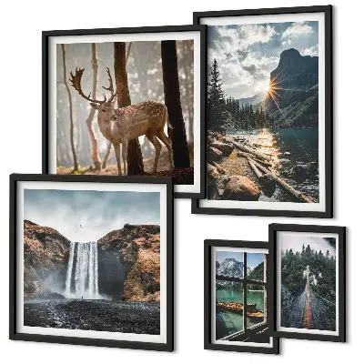 Set of 5 wall art pieces Landscapes nature waterfalls fauna