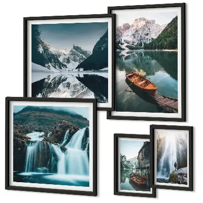 Framed photo set Mountain lake waterfalls