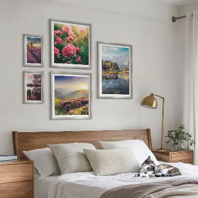 Set of 5 wall art pieces featuring landscape, nature, flower, and mountain prints