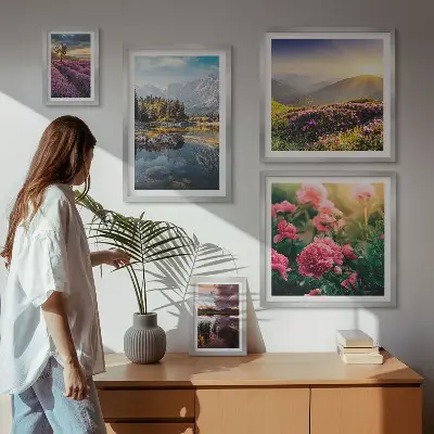 Set of 5 wall art pieces featuring landscape, nature, flower, and mountain prints