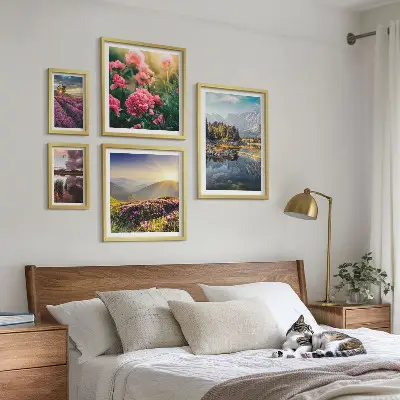 Set of 5 wall art pieces featuring landscape, nature, flower, and mountain prints