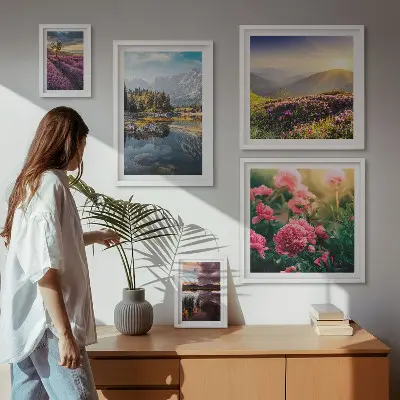 Set of 5 wall art pieces featuring landscape, nature, flower, and mountain prints