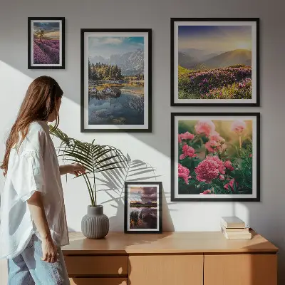 Set of 5 wall art pieces featuring landscape, nature, flower, and mountain prints