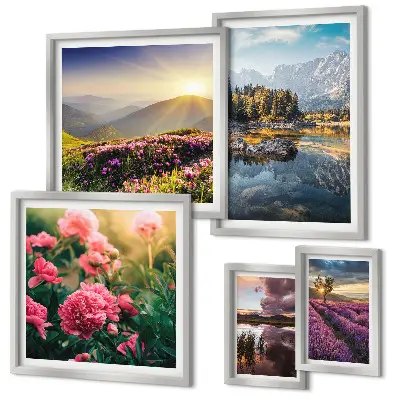 Set of 5 wall art pieces featuring landscape, nature, flower, and mountain prints