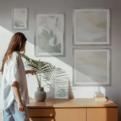 Gallery wall Gray and white plant motifs