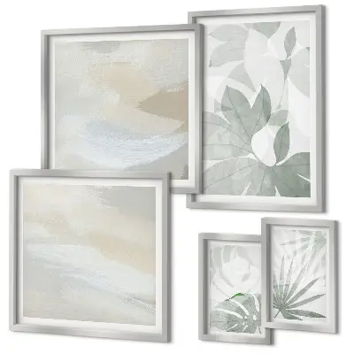 Gallery wall Gray and white plant motifs
