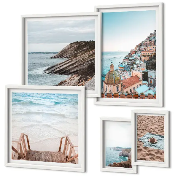 5-piece wall art set featuring Italian towns and coastal beach scenes
