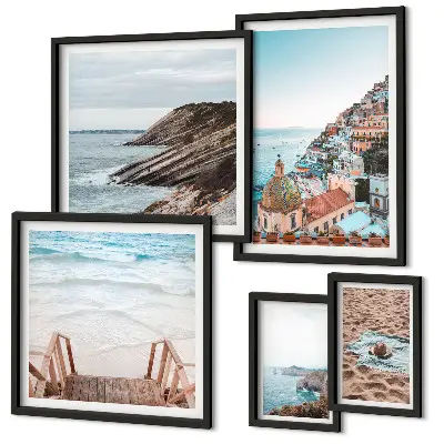 5-piece wall art set featuring Italian towns and coastal beach scenes