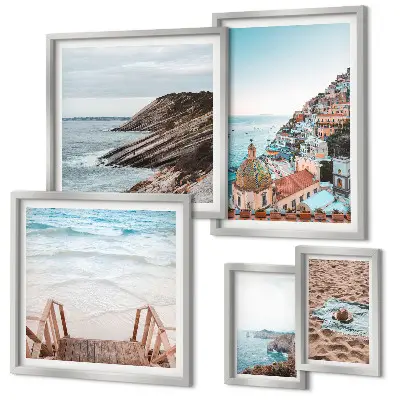 5-piece wall art set featuring Italian towns and coastal beach scenes