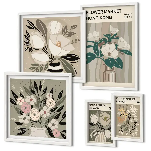 Set of 5 wall art pieces Retro vintage flower fair