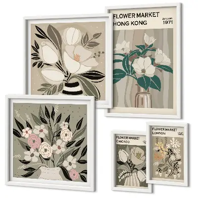 Set of 5 wall art pieces Retro vintage flower fair