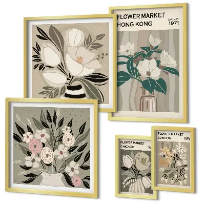 Set of 5 wall art pieces Retro vintage flower fair