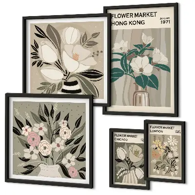 Set of 5 wall art pieces Retro vintage flower fair