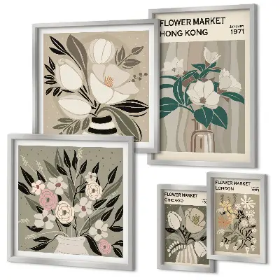 Set of 5 wall art pieces Retro vintage flower fair