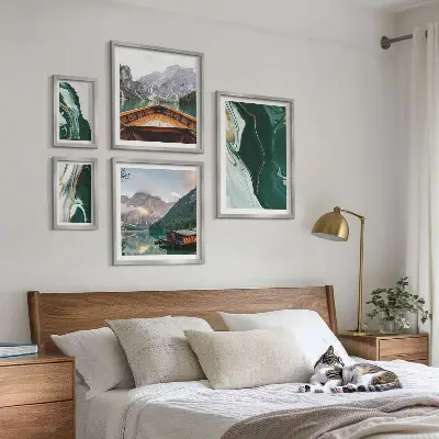 Set of 5 wall art pieces green landscapes with water and mountains
