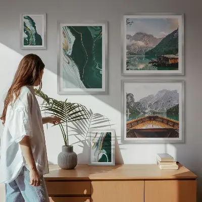 Set of 5 wall art pieces green landscapes with water and mountains