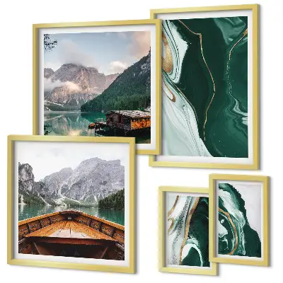Set of 5 wall art pieces green landscapes with water and mountains