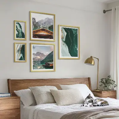 Set of 5 wall art pieces green landscapes with water and mountains