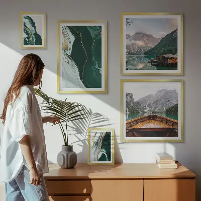 Set of 5 wall art pieces green landscapes with water and mountains
