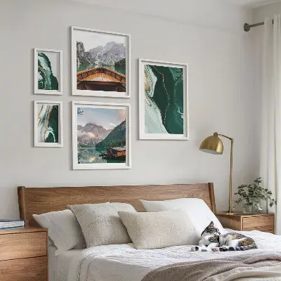 Set of 5 wall art pieces green landscapes with water and mountains