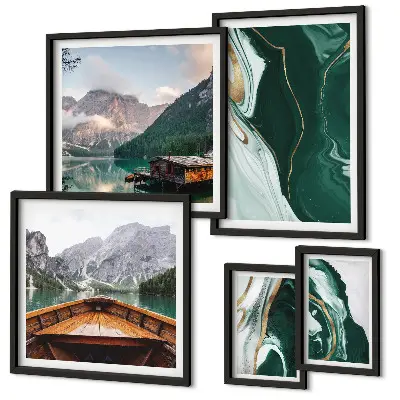 Set of 5 wall art pieces green landscapes with water and mountains
