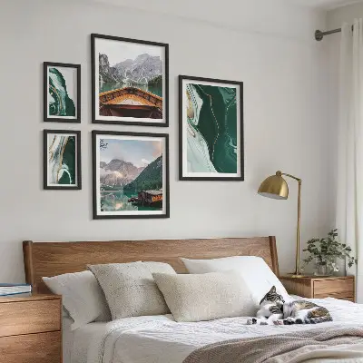 Set of 5 wall art pieces green landscapes with water and mountains