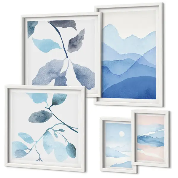 Set of 5 wall art pieces Nature blue minimalist