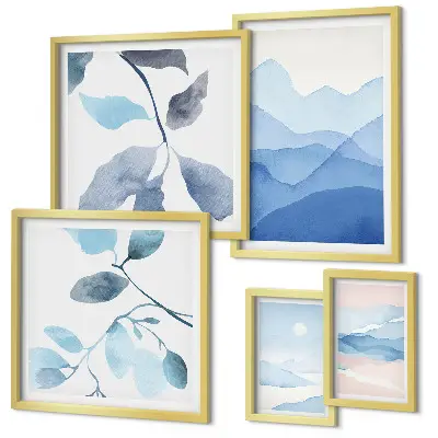 Set of 5 wall art pieces Nature blue minimalist