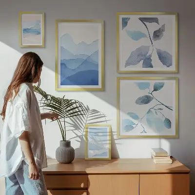 Set of 5 wall art pieces Nature blue minimalist