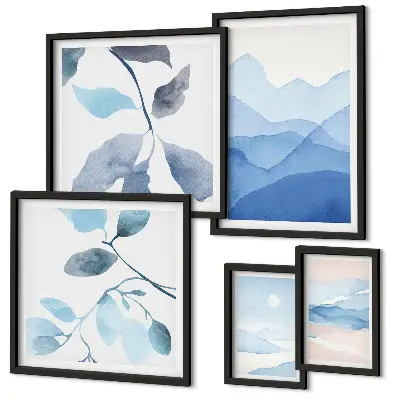 Set of 5 wall art pieces Nature blue minimalist