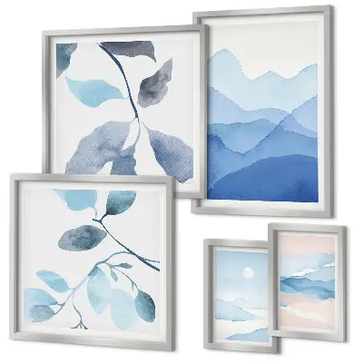 Set of 5 wall art pieces Nature blue minimalist