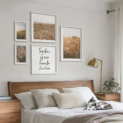 Set of 5 wall art pieces featuring natural landscapes, flowers, and sayings