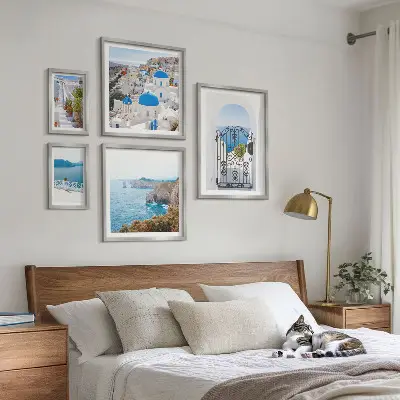 Santorini blue sea houses framed photo set
