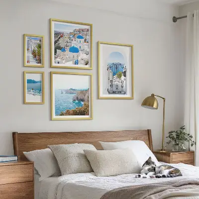 Santorini blue sea houses framed photo set