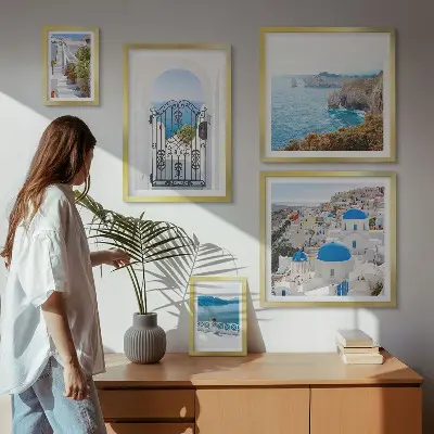 Santorini blue sea houses framed photo set