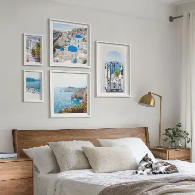Santorini blue sea houses framed photo set