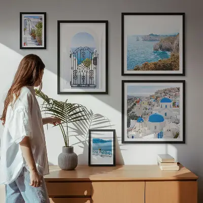 Santorini blue sea houses framed photo set