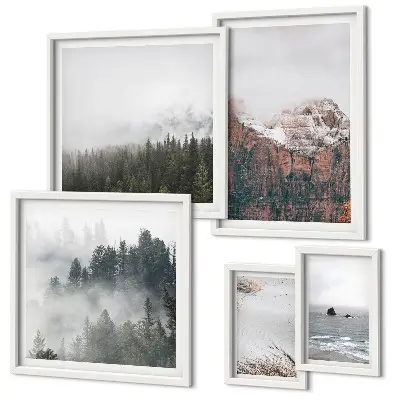 Framed photo set landscapes featuring mountains forests and clouds