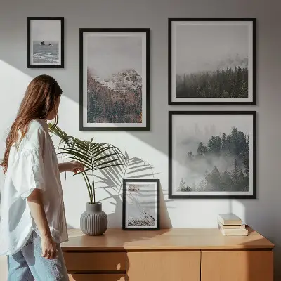 Framed photo set landscapes featuring mountains forests and clouds