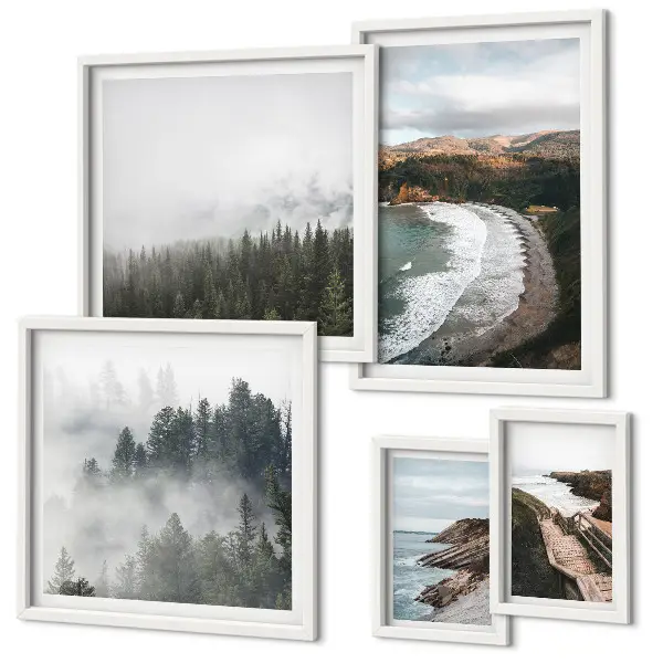 Set of 5 wall art pieces coastal landscapes and mountain forests