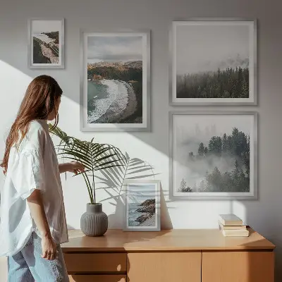 Set of 5 wall art pieces coastal landscapes and mountain forests