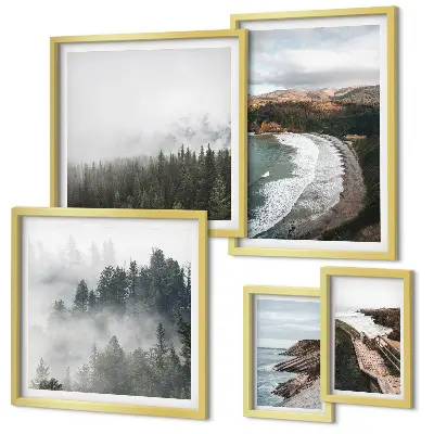 Set of 5 wall art pieces coastal landscapes and mountain forests