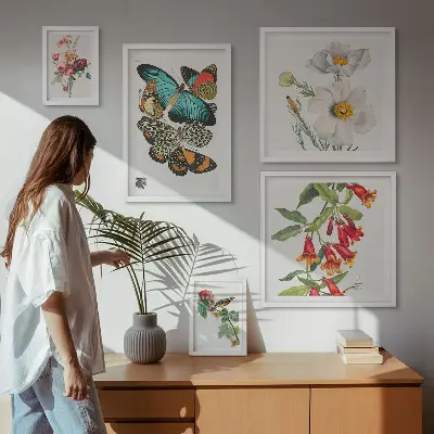 Framed photo set Flowers butterflies birds vintage decorations