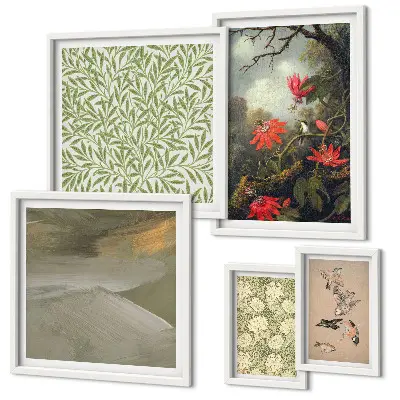 Set of 5 wall art pieces with floral and bird motifs